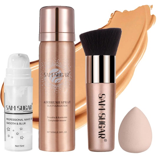 AirBrush Foundation Spray Set Spray Foundation Makeup and Hydrating Face Primer Kit Longwear Waterproof Liquid Matte Foundation Mist for Flawless Look Brush and Sponge Include (#5 Warm Honey) 11:11