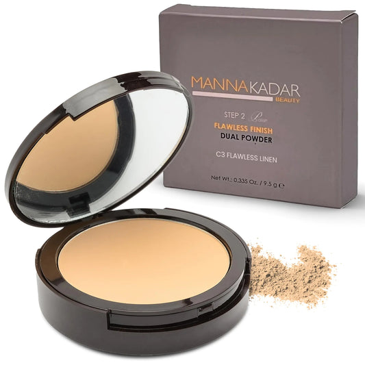 Manna Kadar Beauty Compact Dual Pressed Powder C3 Linen Shade for Medium Skin Tone Medium to Full Coverage Oil Absorbing Foundation and Setting Face Powder Long-Lasting Flawless Matte Finish 11:11